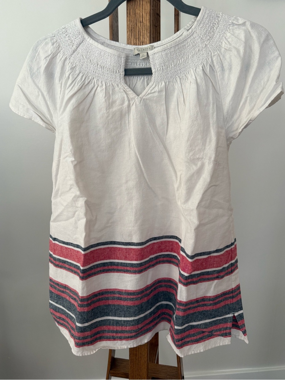 Talbots White Short-Sleeve Peasant Top with Pink & Navy Stripes